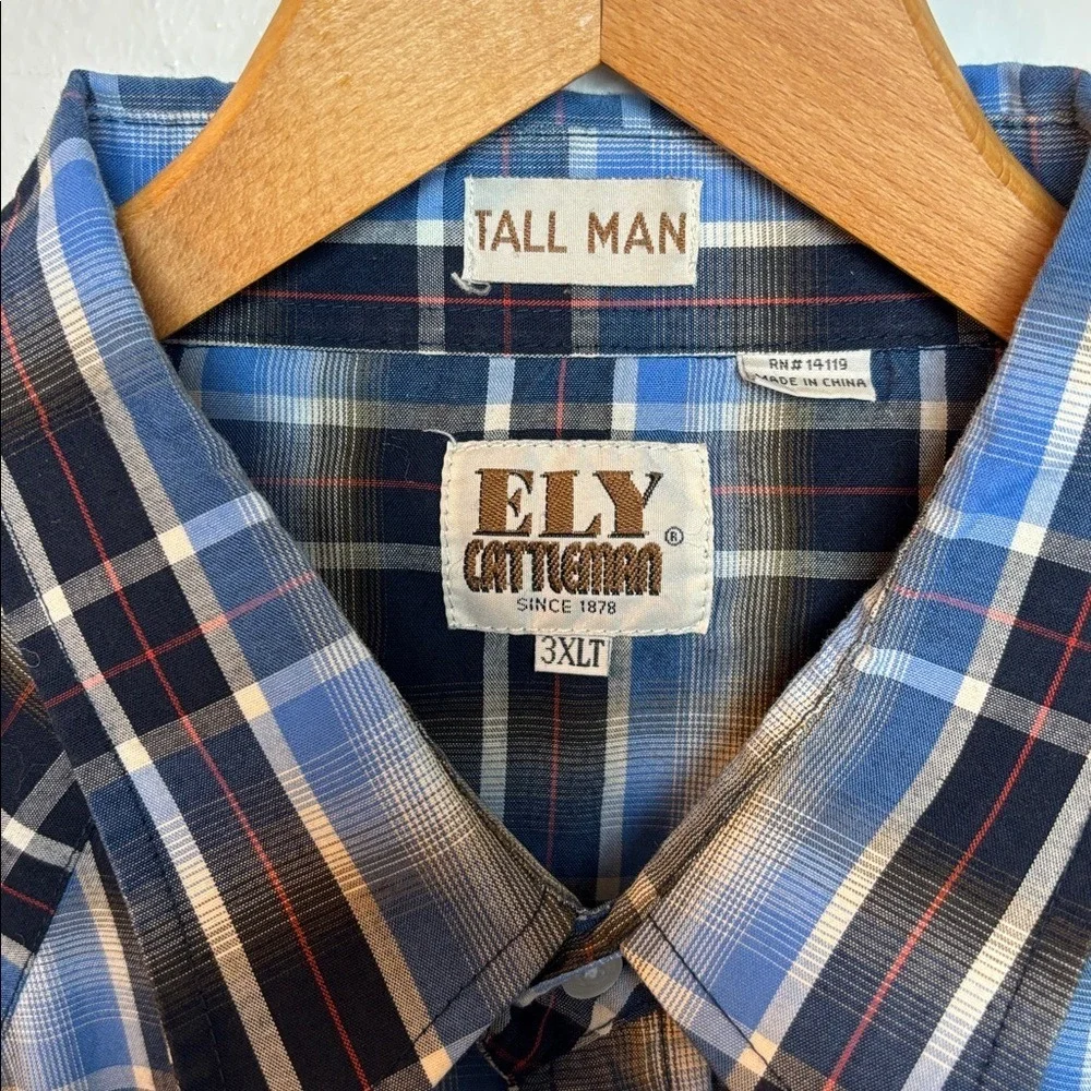 VTG Ely Cattleman Men's Long Sleeve Tall Pearl Snap Shirt Blue Plaid‎ 3XLT